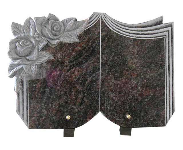 Purple Granite Book Cemetery Plaque with Rose Carvings
